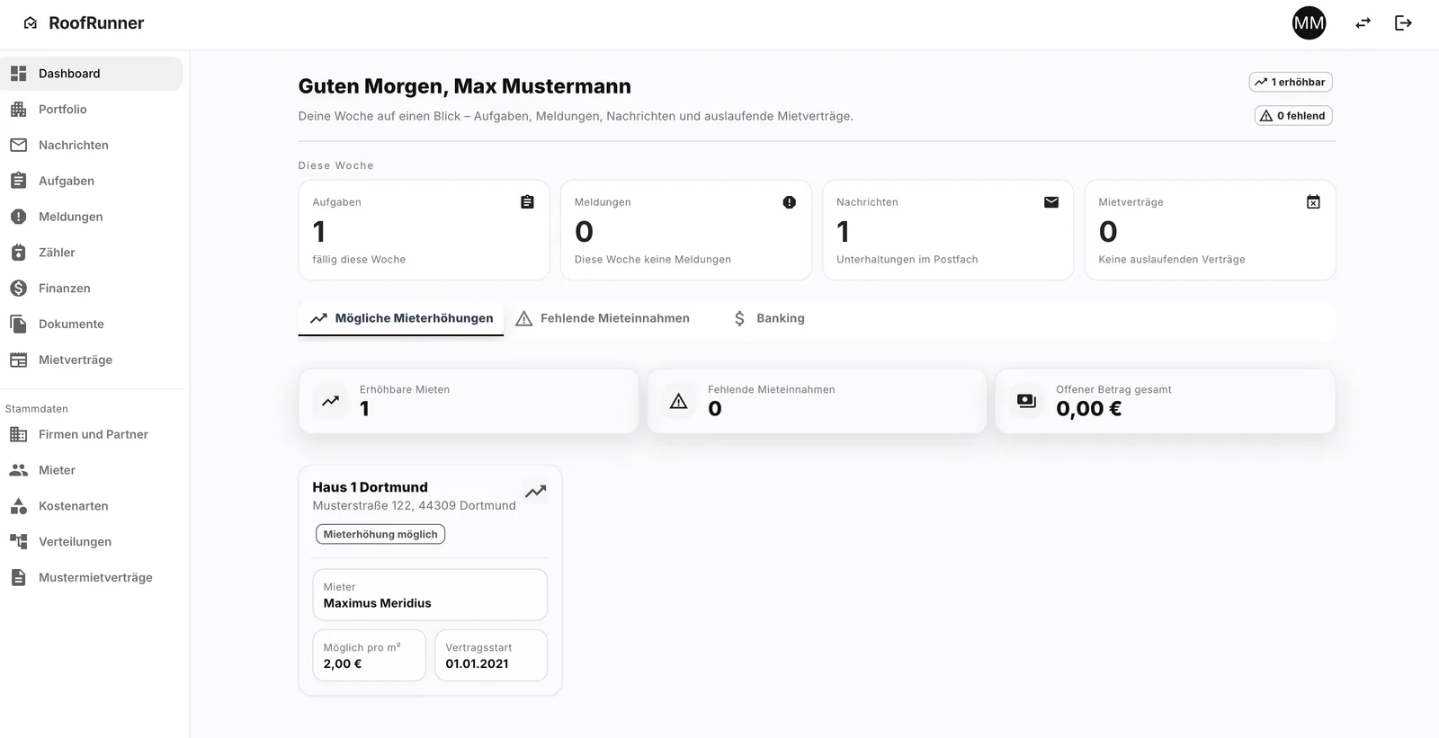 Übersichtsseite der Web-Plattform nach dem Anmelden mit dem aktuellen Portfoliostatus