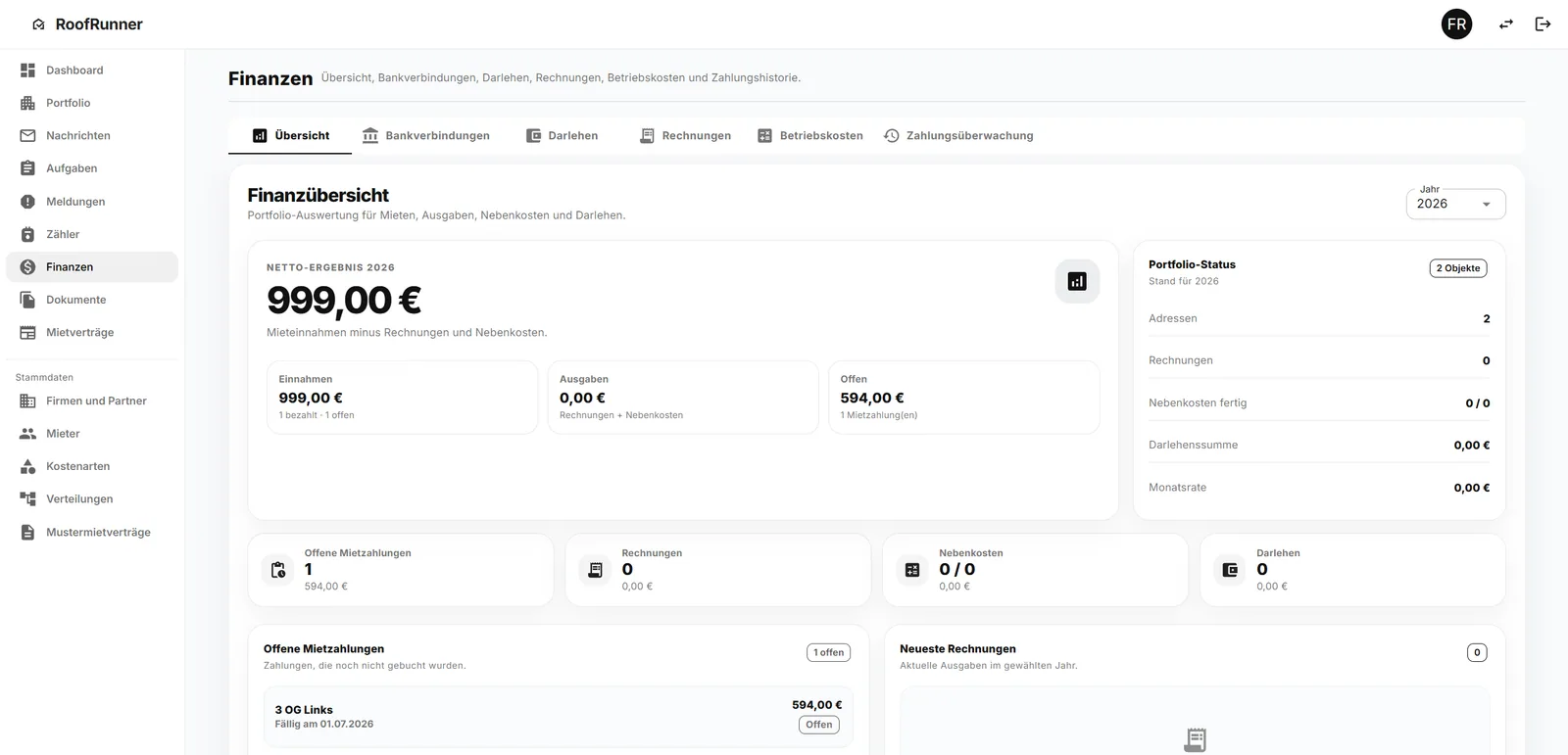 Finanzübersicht mit den Kacheln Einnahmen, Ausgaben und Offen sowie der Liste offener Mietzahlungen samt Fälligkeitsdatum